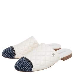 مملوكة مسبقًا Chanel White//Black Quilted Leather And Grosgrain Fabric Mules Flats Sandals Size 38