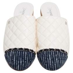 مملوكة مسبقًا Chanel White//Black Quilted Leather And Grosgrain Fabric Mules Flats Sandals Size 38