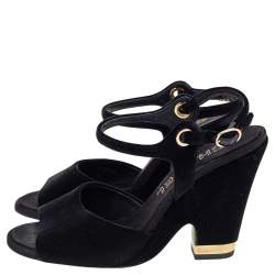 Pre Owned Chanel Black Velvet Open Toe Slingback Sandals Size 37.5