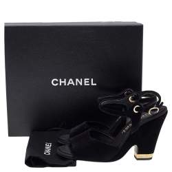 Pre Owned Chanel Black Velvet Open Toe Slingback Sandals Size 37.5