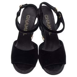 Pre Owned Chanel Black Velvet Open Toe Slingback Sandals Size 37.5