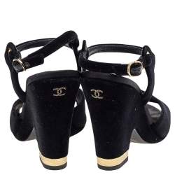Pre Owned Chanel Black Velvet Open Toe Slingback Sandals Size 37.5