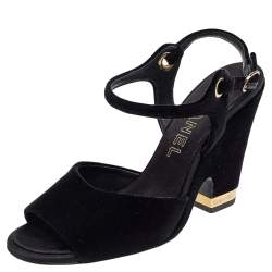 Chanel Black Velvet Open Toe Slingback Sandals Size 37.5
