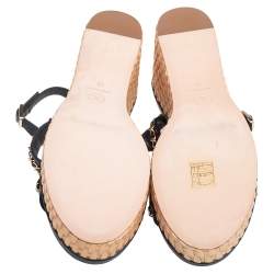 Pre Owned Chanel Black Leather CC Chain Link Strap Slingback Wedge Sandals Size 39