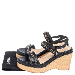 Pre Owned Chanel Black Leather CC Chain Link Strap Slingback Wedge Sandals Size 39