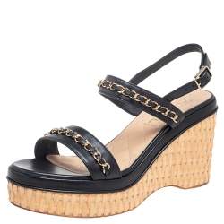 Chanel Black Leather CC Chain Link Strap Slingback Wedge Sandals