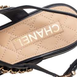 Pre Owned Chanel Black Leather CC Chain Link Strap Slingback Wedge Sandals Size 39
