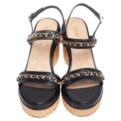 Pre Owned Chanel Black Leather CC Chain Link Strap Slingback Wedge Sandals Size 39