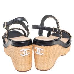 Pre Owned Chanel Black Leather CC Chain Link Strap Slingback Wedge Sandals Size 39