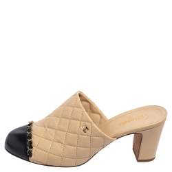 Chanel Beige Quilted Leather Chain Link Mules Size 38 Chanel