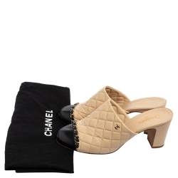 Pre Owned Chanel Beige Quilted Leather Chain Link Mules Size 38