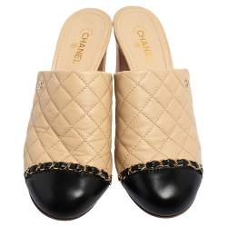 Pre Owned Chanel Beige Quilted Leather Chain Link Mules Size 38