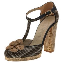 مملوكة مسبقًا Chanel Black Fabric Floral Embellished Ankle Strap Pumps Size 36
