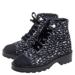 Chanel Multicolor Tweed Fabric  And Canvas Ankle Boots Size 36