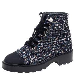 Chanel Multicolor Tweed Fabric  And Canvas Ankle Boots Size 36