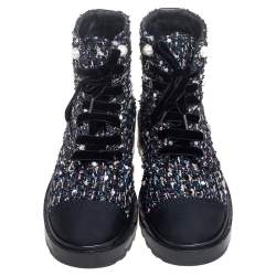 Chanel Multicolor Tweed Fabric  And Canvas Ankle Boots Size 36