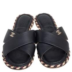 Pre Owned صندل شانيل فلات سيور متقاطعة جلد أسود مقاس 39