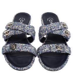 Pre Owned Chanel Blue/White Tweed Strappy Turnlock Flat Slides Size 36.5