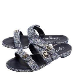Pre Owned Chanel Blue/White Tweed Strappy Turnlock Flat Slides Size 36.5