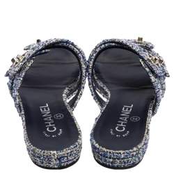 Pre Owned Chanel Blue/White Tweed Strappy Turnlock Flat Slides Size 36.5