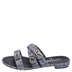 Pre Owned Chanel Blue/White Tweed Strappy Turnlock Flat Slides Size 36.5