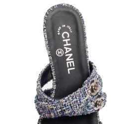 Pre Owned Chanel Blue/White Tweed Strappy Turnlock Flat Slides Size 36.5
