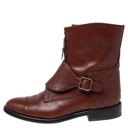 Chanel Brown CC Leather English Countryside Quilted Strap Ankle Boots Size 41.5