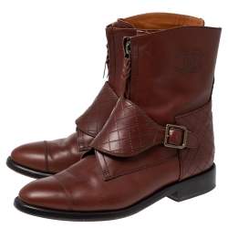 Chanel Brown CC Leather English Countryside Quilted Strap Ankle Boots Size 41.5