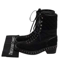 Chanel Black Quilted Wool, Lurex and Tweed CC Chain-Link Ankle Boots Size 37