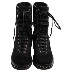 Chanel Black Quilted Wool, Lurex and Tweed CC Chain-Link Ankle Boots Size 37