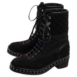 Chanel Black Quilted Wool, Lurex and Tweed CC Chain-Link Ankle Boots Size 37