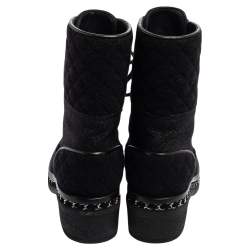 Chanel Black Quilted Wool, Lurex and Tweed CC Chain-Link Ankle Boots Size 37