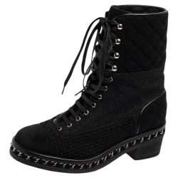 Chanel Black Quilted Wool, Lurex and Tweed CC Chain-Link Ankle Boots Size 37