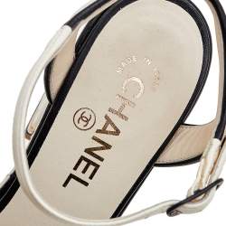 Pre Owned Chanel Ivory/Black Quilted Leather CC Block Heel Ankle Strap Sandals Size 39