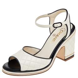 Pre Owned Chanel Ivory/Black Quilted Leather CC Block Heel Ankle Strap Sandals Size 39