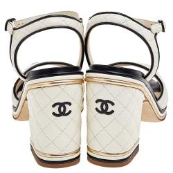 Pre Owned Chanel Ivory/Black Quilted Leather CC Block Heel Ankle Strap Sandals Size 39