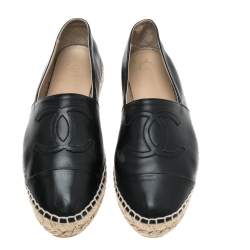 Pre Owned Chanel Black Leather CC Cap Toe Espadrille Flats Size 37