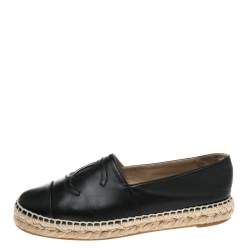 Pre Owned Chanel Black Leather CC Cap Toe Espadrille Flats Size 37