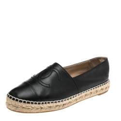 Pre Owned Chanel Black Leather CC Cap Toe Espadrille Flats Size 37