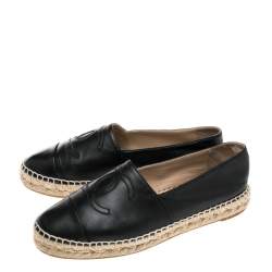 Pre Owned Chanel Black Leather CC Cap Toe Espadrille Flats Size 37