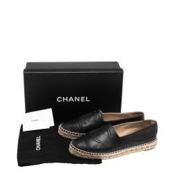 Pre Owned Chanel Black Leather CC Cap Toe Espadrille Flats Size 37