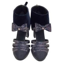 Chanel Navy Blue Velvet, Glitter, and Fabric CC Bow Booties Size 39