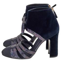 Chanel Navy Blue Velvet, Glitter, and Fabric CC Bow Booties Size 39