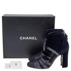 Chanel Navy Blue Velvet, Glitter, and Fabric CC Bow Booties Size 39