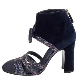 Chanel Navy Blue Velvet, Glitter, and Fabric CC Bow Booties Size 39