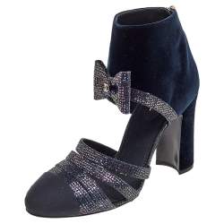 Chanel Navy Blue Velvet, Glitter, and Fabric CC Bow Booties Size 39