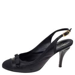 Chanel Black Leather And Fabric Cap Toe CC Bow Slingback Sandals Size 37.5