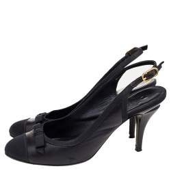 Chanel Black Leather And Fabric Cap Toe CC Bow Slingback Sandals Size 37.5
