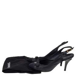 Chanel Black Leather And Fabric Cap Toe CC Bow Slingback Sandals Size 37.5
