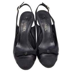 Chanel Black Leather And Fabric Cap Toe CC Bow Slingback Sandals Size 37.5